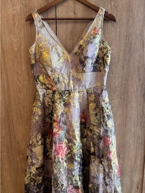 Teri Jon Women’s Sleveless Metallic Floral Brocade Floral Evening Dress 10